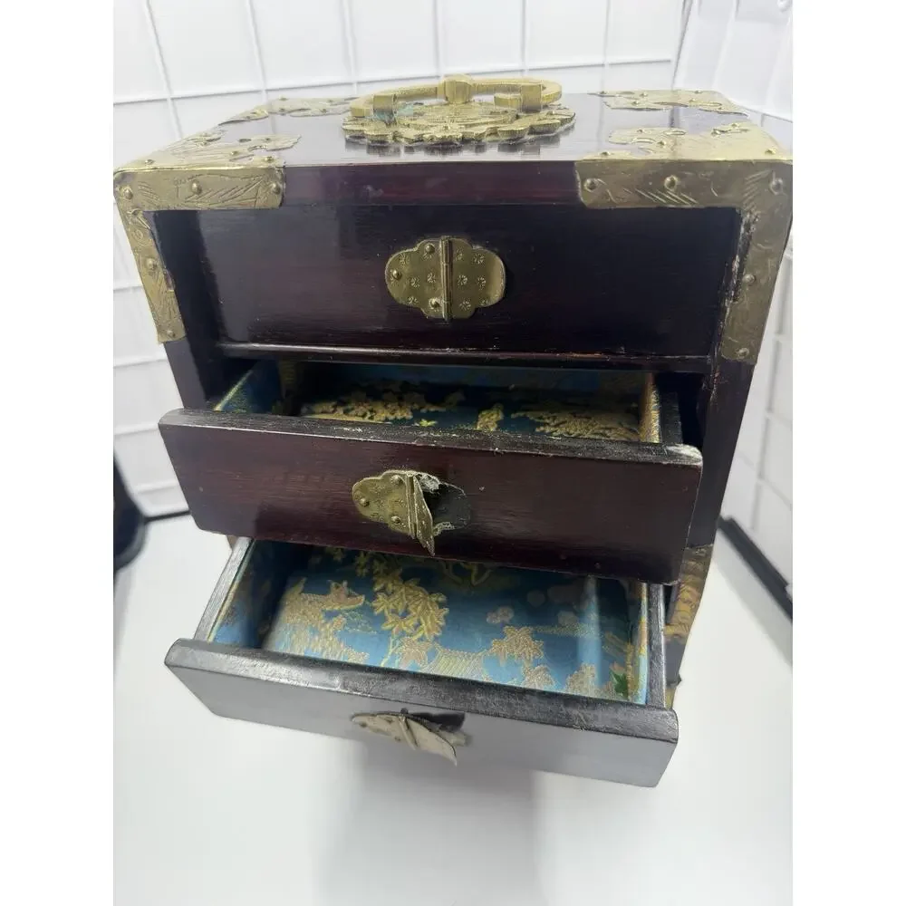 Stunning Antique Asian Jewelry Box w/ Ornate Brass, Chinese Carved Jade Inserts